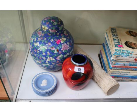 Poole Pottery Vase, Set of Jasperware dishes, Lidded Chinese ginger jar and a carved Plaster Tusk model 