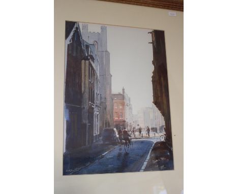 R M Bolton watercolour '3 cycling towards Kings Parade Cambridge' 