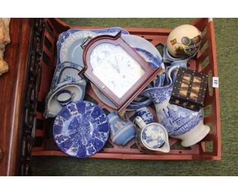 Box of assorted Blue &amp; White ceramics and pottery, Porcupine quill box and a H Samuel bracket clock 