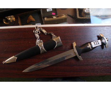 Reproduction THIRD REICH-STYLE 'SS' CEREMONIAL DAGGER, the tapered steel blade inscribed 'Meine Ehre heiße Treue' with scabba