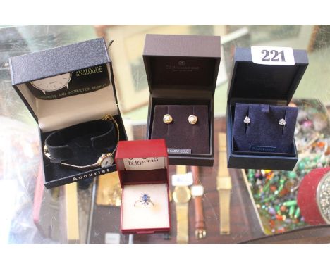 Collection of assorted Costume jewellery inc. Earrings Accurist wristwatch and a silver stone set ring 