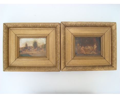 19th Century Continental school, interior genre scene, oil on paper mounted panel, 14.5 x 10cm together with carriage scene, 