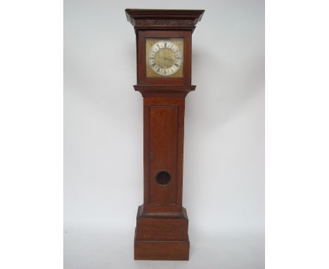 A mid 18th Century oak 30 hour longcase clock, the 10" square dial with silvered chapter ring, Roman numerals and minute trac