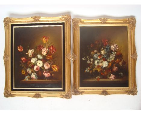 Ballonyi Pal Margit (b. 1939, Hungarian).
Still life study of tulips and camelias, oil on panel, signed B. Pal. M, 39 x 50cm,