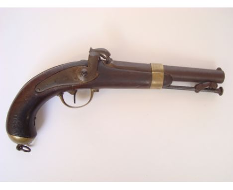 A French 22 Bore 1842 model single shot percussion naval belt pistol, tang stamped Mle 1842, lock engraved Mre Rle. de chatel