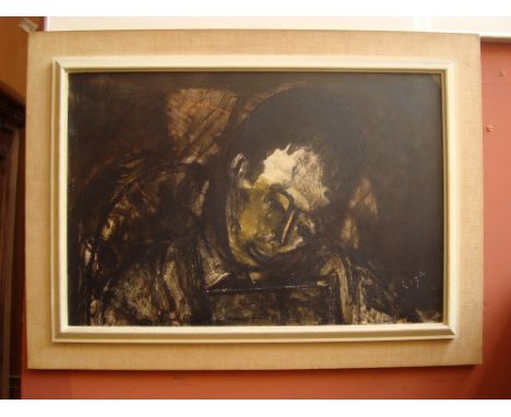 20th Century portrait of a reading figure.  Mixed media, signed Liza.
Framed. 
48 x 32cm. 
