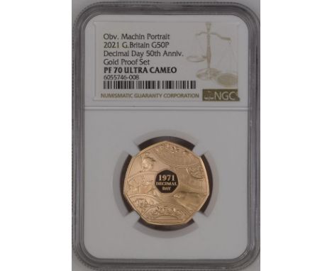 UNITED KINGDOM. Elizabeth II, 1952-2022. Gold 50 pence, 2021. Royal Mint. Proof. Commemorating the 50th anniversary of Decima