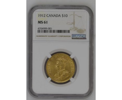 CANADA. George V, 1910-1936. Gold 10 dollars, 1912. Crowned portrait of George V facing left; GEORGIVS V DEI GRA: REX ET IND: