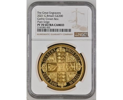 UNITED KINGDOM. Elizabeth II, 1952-2022. Gold 200 pounds, 2021. Royal Mint. Proof Plain Edge. A re-interpretation of William 