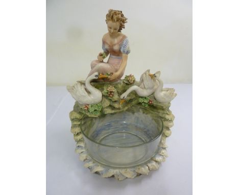Capodimonte lamp stand in the form of a lady and swan by a pond