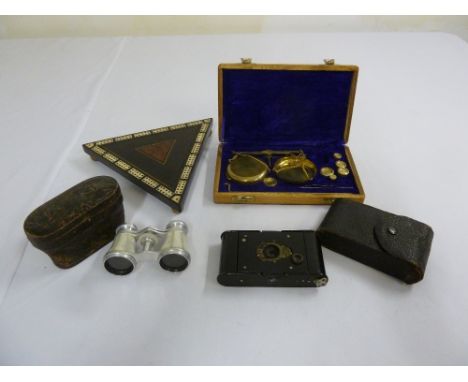 A quantity of collectables to include boxed scales, a Kodak  camera, a pair of Mother of Pearl opera glasses and a bezique bo