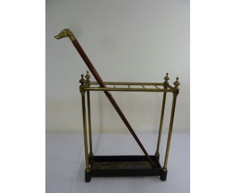 Victorian brass umbrella stand and a walking stick with brass handle