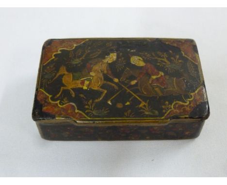 Oriental lacquered box with hinged cover, depicting horsemen playing polo