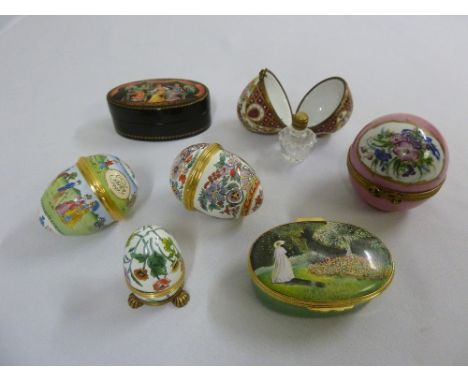 Six porcelain and gilt metal trinket decorative boxes and an oval papier mache box