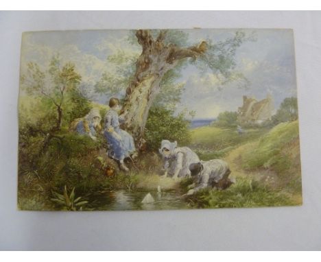 A Victorian watercolour of children playing, in the style of Miles Birket Foster, 23.5 x 37cm  (unframed)