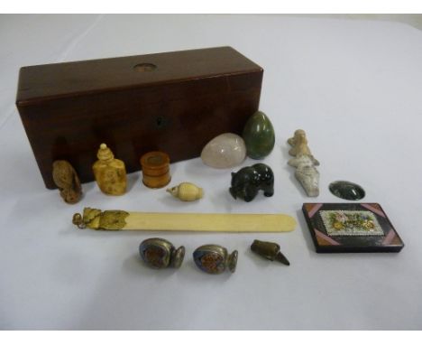 A mahogany tea caddy, an early 20th century ivory paper knife and a quantity of collectables