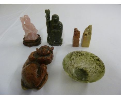 A quantity of Oriental figurines to include Rose Quartz, soapstone and Jade (6)