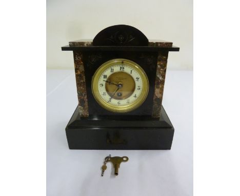 Victorian black slate and marble mantle clock by Fattorini and Sons of Bradford, single train movement, enamel dial and Arabi