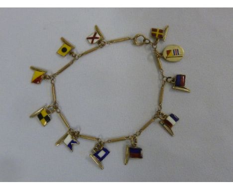 9ct gold charm bracelet with enamel flags, approx 12.7g