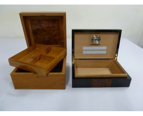 A cigar humidor with hinged cover and wooden trinket box with detachable shelf