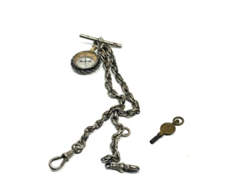 Silver double albert watch chain &amp; compass fob weight 40g