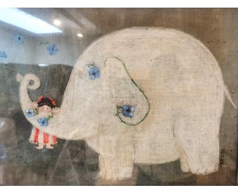 A reverse painting on glass, signed Tamara. Depicting a white elephant with a child swinging on its trunk, titled '11 Ele+Pha