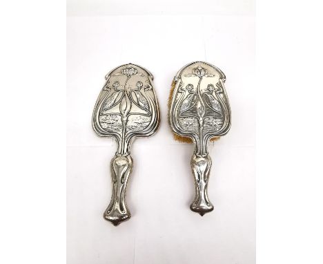 William Neale silver Art Nouveau hair brush and mirror with kingfisher and stylised water lily decoration, Birmingham 1905. M