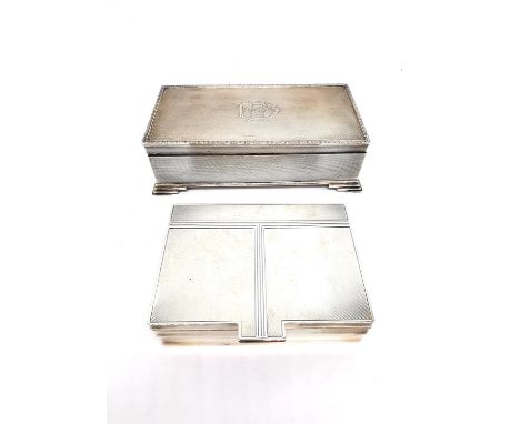 Two Art Deco engine turn decorated cedar lined silver cigarette boxes. One with engraved geometric design by Mappin &amp; Web