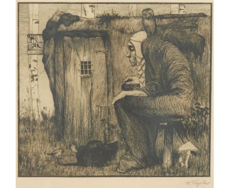 Heinrich Vogeler1872 Bremen - 1942 Kasachstan - "Die Hexe mit Eule". 1895 - Radierung/Papier. 23 x 25,7 cm. 23, 8 x 30 cm. Si