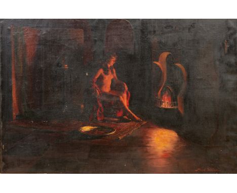 Karl Weise1890 Berlin - 1947 Greifswald - Interieur mit weiblichem Akt im Sessel vor Kaminfeuer - Öl/Lwd. 67 x 100 cm. Sign. 