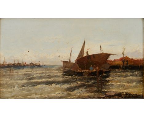 Georg Fischhof1859 Wien - 1914 Wien unter dem Pseudonym J. Wagner - "Marne - Ostsee" - Öl/Holz. Sign. 18,5 x 31,5 cm. Sign. r
