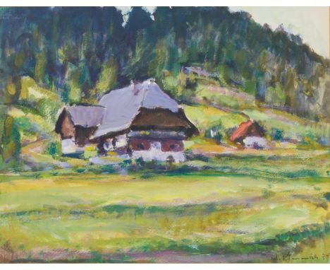 Wilhelm KimmichLauterbach 1897 - 1986 - Schwarzwaldhaus im Sommer - Gouache/Papier. 35,4 x 45,6 (Passepartoutausschnitt). Sig
