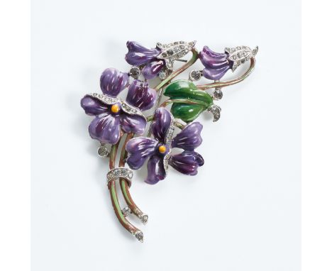 TRIFARI - Vintage "Feilchen" - BroscheAlfred Philippe Trifari, New York; 1940er Jahre. Metall, versilbert. Strass. Emaille. M