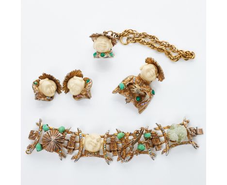 HAR (Hargo Creations) Laughing Buddha/Asiate-SchmucksetArmband, Brosche, Anhänger mit Kette und Paar Ohrclips (4 Teile) Har J