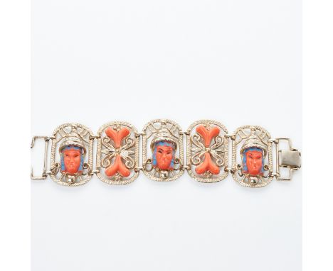 SELRO / SELINI Vintage Armband mit asiatischen GesichternFa. Selro Corp., New York, USA. Metall. Kunstmasse. L. 20 cm. B. 4,8