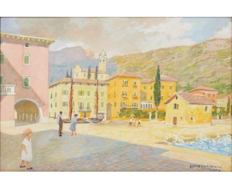 Hans Lietzmann1872 Berlin - 1955 Torbole - Hafen in Torbole - Gouache/Papier. 33 x 49,5 cm (Sichtmaß). Sign. u. dat. r. u.: H