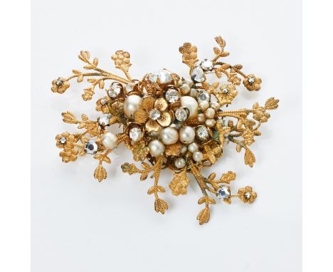 DE MARIO- Große Vintage Brosche als Blüte (1 Teil)Fa. Robert de Mario, New York, USA. 1950er Jahre. Metall, vergoldet. Strass