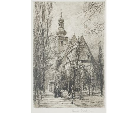 Hugo Ulbrich1867 - 1928 - Ansicht einer Kirche - Radierung/Papier. 22,8 x 15,5 cm, 24,5 x 16,5 cm (Passepartoutausschnitt). S
