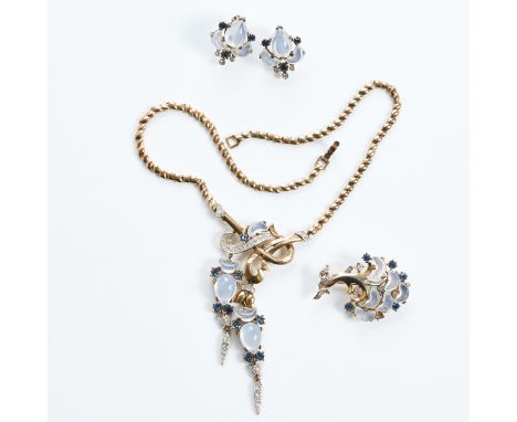 TRIFARI Alfred Philippe - Vintage Schmuckset mit Mondsteinfarbenem Strass, Faux-Saphiren(3 Teile) Trifari, New York; Um 1940-