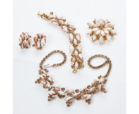 JULIANA - Weiß-braunes Vintage Strass-ParureCollier, Armband, Paar Ohrclips und Brosche (4 Teile) Juliana (DeLizza &amp; Elst