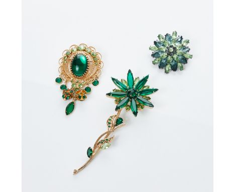 Große grüne Vintage Strass-Broschen (3 Teile)Blumenbrosche, Blütenbrosche und Brosche mit Gehänge Ca. 1970er - 1980er Jahre. 