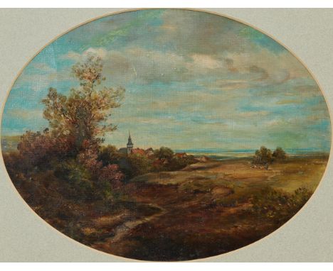 Künstler des 19. Jahrhunderts- Landschaft mit einer Stadtsicht - Öl/Lwd. 25,5 x 33,5 cm (Sichtmaß. Ovales Format). Monogr. r.