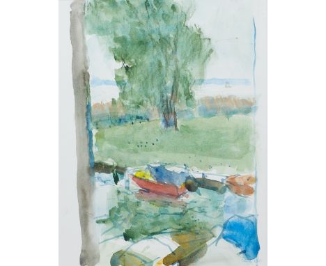 Sabine Curio1950 Ahlbeck/Usedom - lebt und arbeitet in Stolpe - Boote am Wasser - Aquarell/Papier. 51 x 40 cm (Passepartoutau