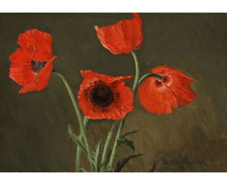 Monogrammist des 19. Jahrhunderts- Mohn - Öl/Lwd auf Karton. 29 x 41,8 cm. Bez. und dat. r. u.: St. Hansdag 1892. Monogr. r. 
