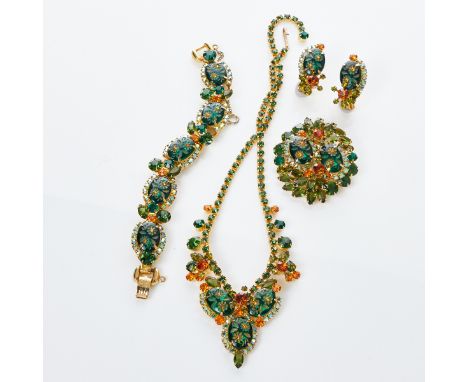 JULIANA - Grün-orangefarbene Vintage Strass-ParureCollier, Armband, Paar Ohrclips und Brosche (4 Teile) Juliana (DeLizza &amp