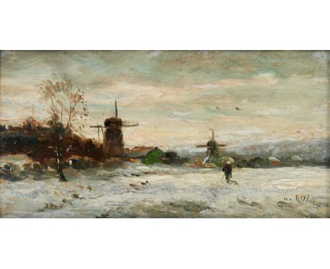 Künstler des 20. Jahrhunderts- Wanderer in Winterlandschaft - Öl/Holz. 7,5 x 14,5 cm. Undeutl. sign. r. u. Rahmen. Leichte Fa