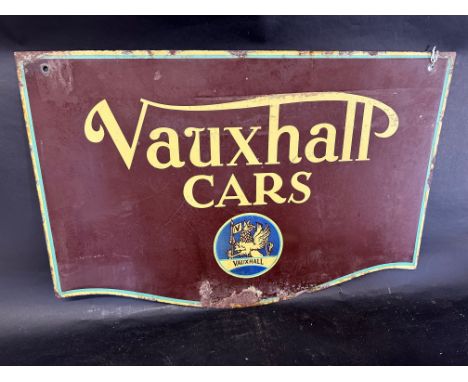 A Vauxhall Cars double sided enamel advertising sign with original brass hanging eyelets, 30 x 20".