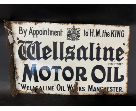 A Wellsaline Motor Oil double sided enamel advertising sign with hanging flange for Wellsaline Oil Works, Manchester, 24 x 15