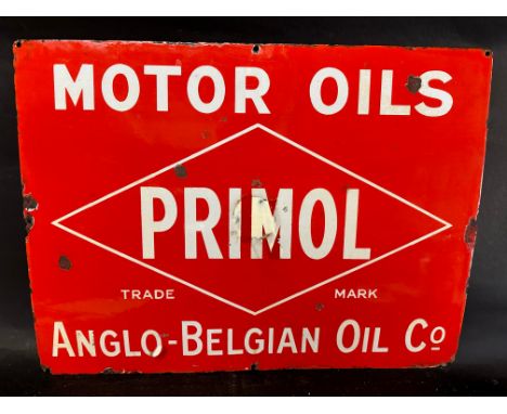 A Primol Motor Oils by the Anglo-Belgian Oil Co. enamel advertising sign, restored, 24 x 18". 