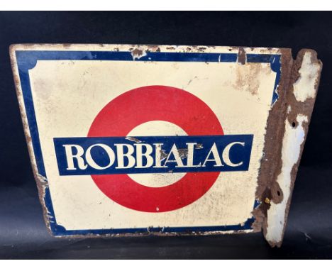 A Robbialac (car paint) double sided enamel advertising sign with hanging flange, 13 x 11".